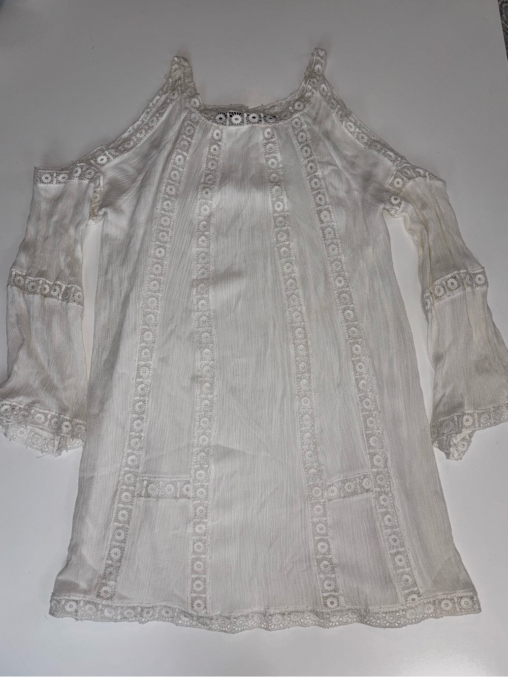 Together White Cold-Shoulder Lace-Panel Peasant Top